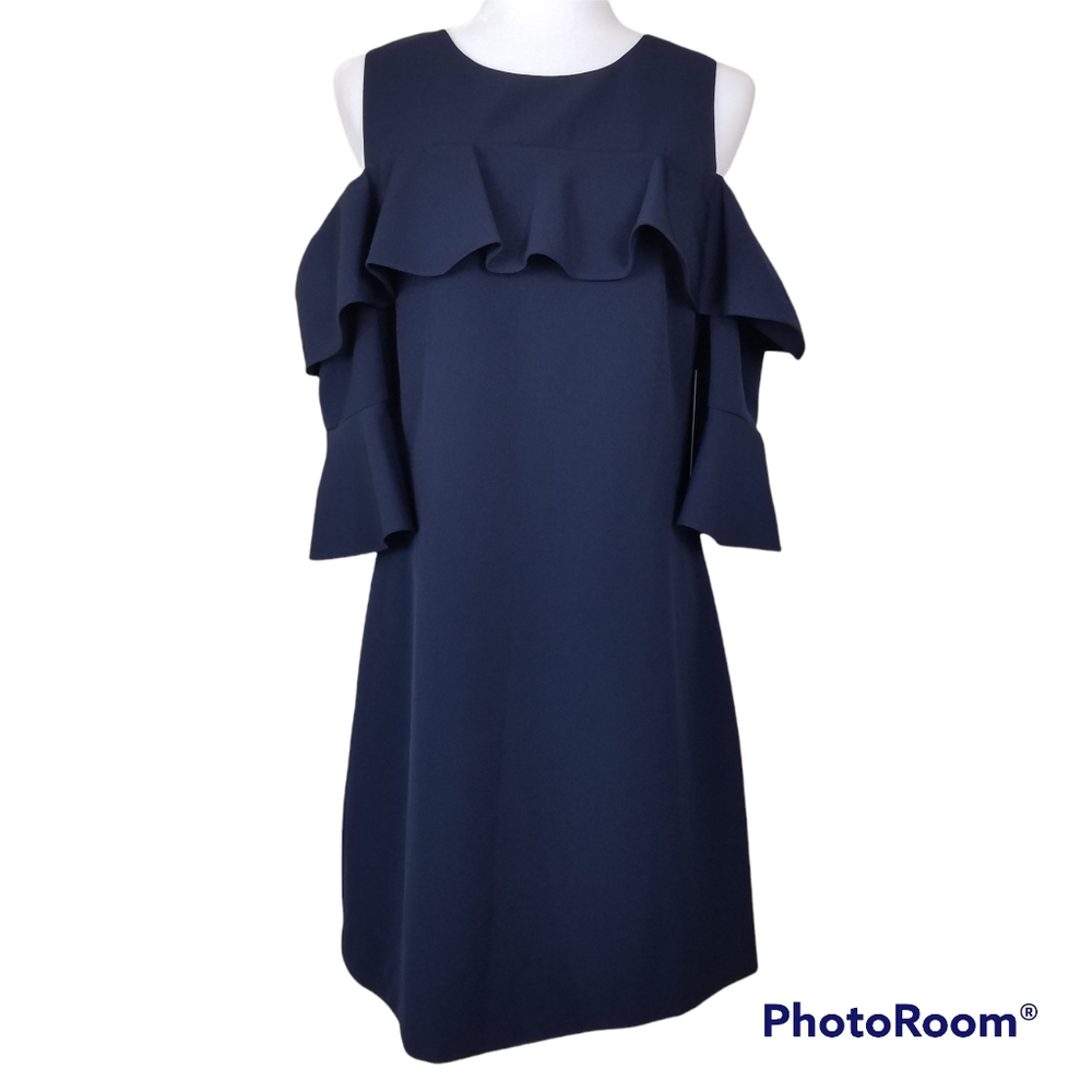 NWT Eliza J Navy Cold Shoulder Ruffled Sheath Dress Sz 10